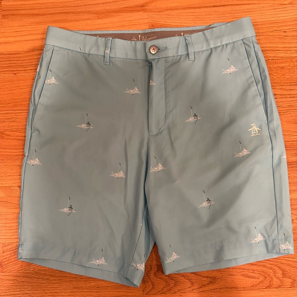 Original Penguin Mens Shorts Blue Casual Zip Up Stretch Flat Front Size 33